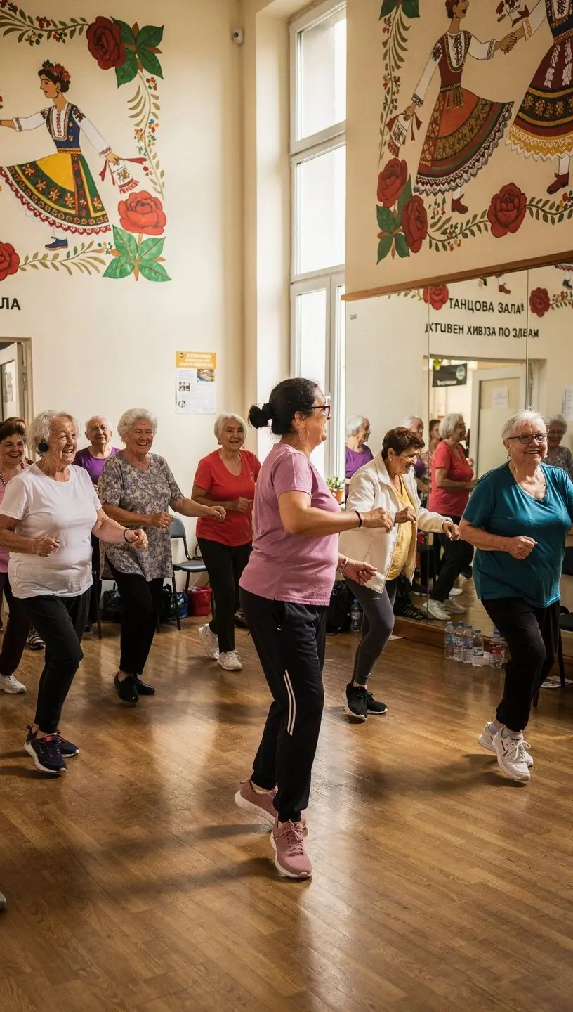 Жена на средна възраст, която прави разтягания в парка по време на виртуална тренировка.