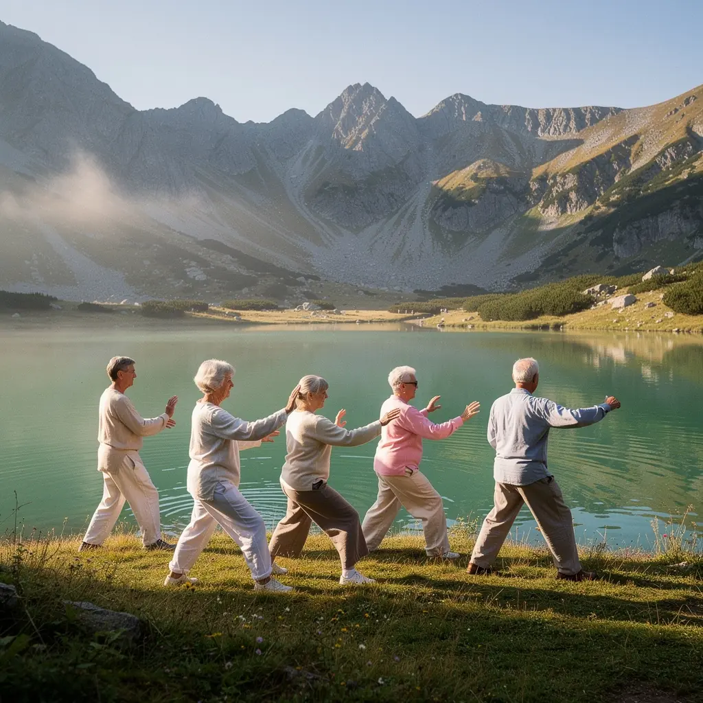 Група възрастни хора, които се радват на енергични танцови движения по време на онлайн занимание.